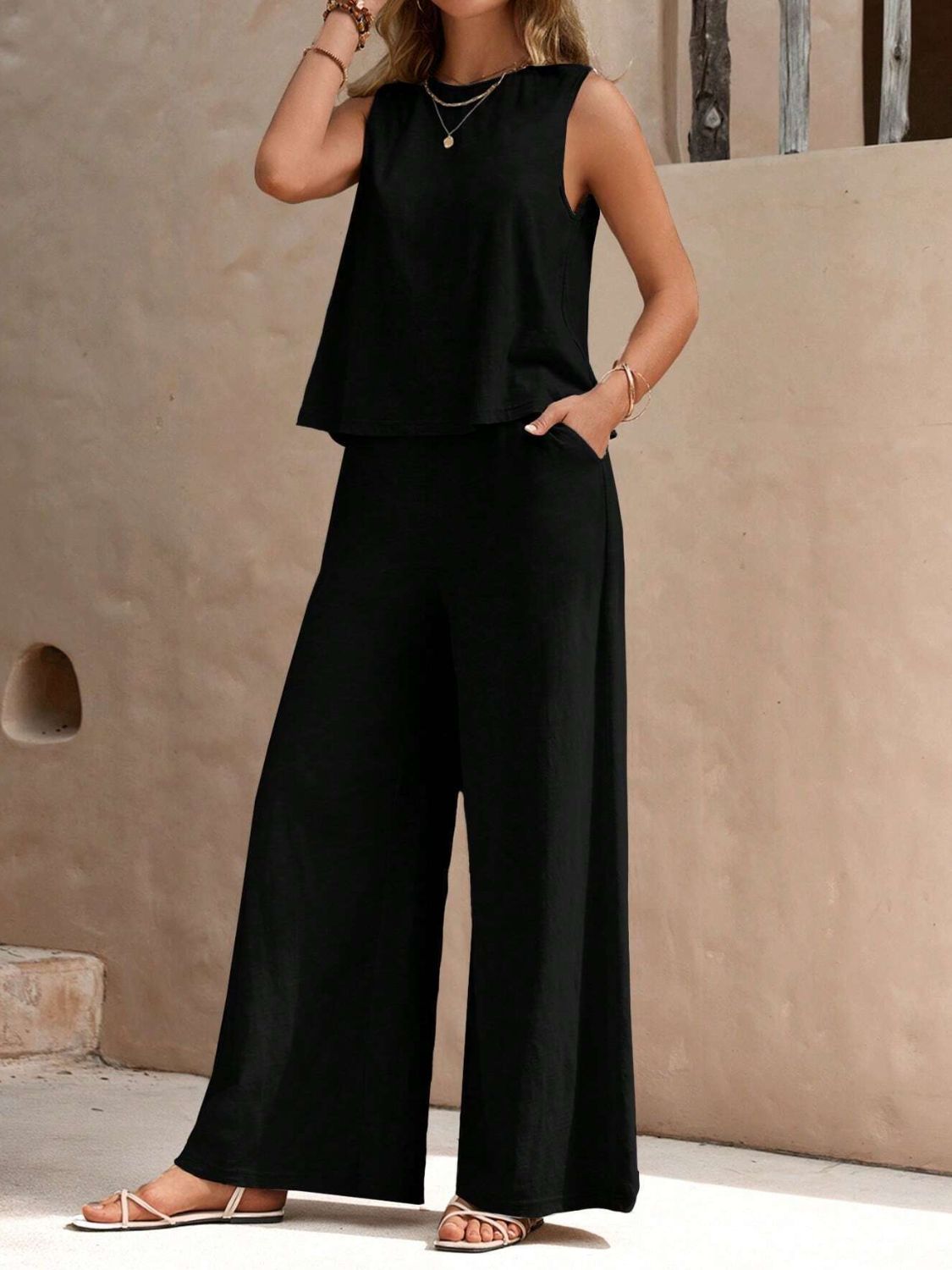Round Neck Sleeveless Top and Wide Leg Pants Set - ViarousViarousViarous