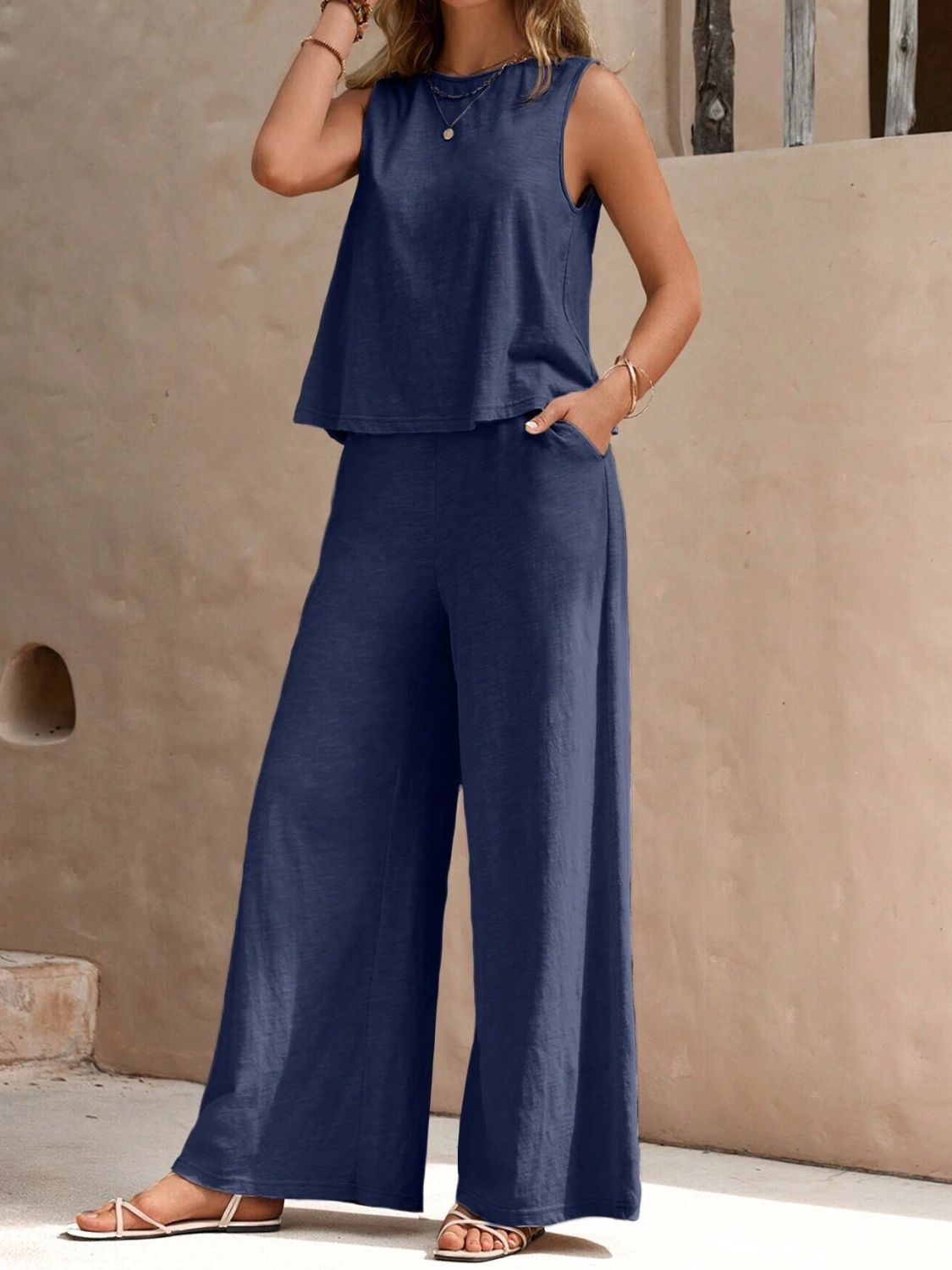 Round Neck Sleeveless Top and Wide Leg Pants Set - ViarousViarousViarous