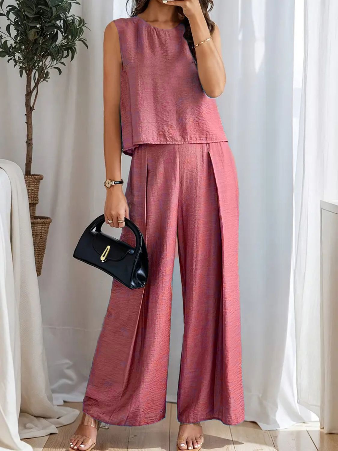 Round Neck Sleeveless Top and Wide Leg Pants Set - ViarousViarousViarous