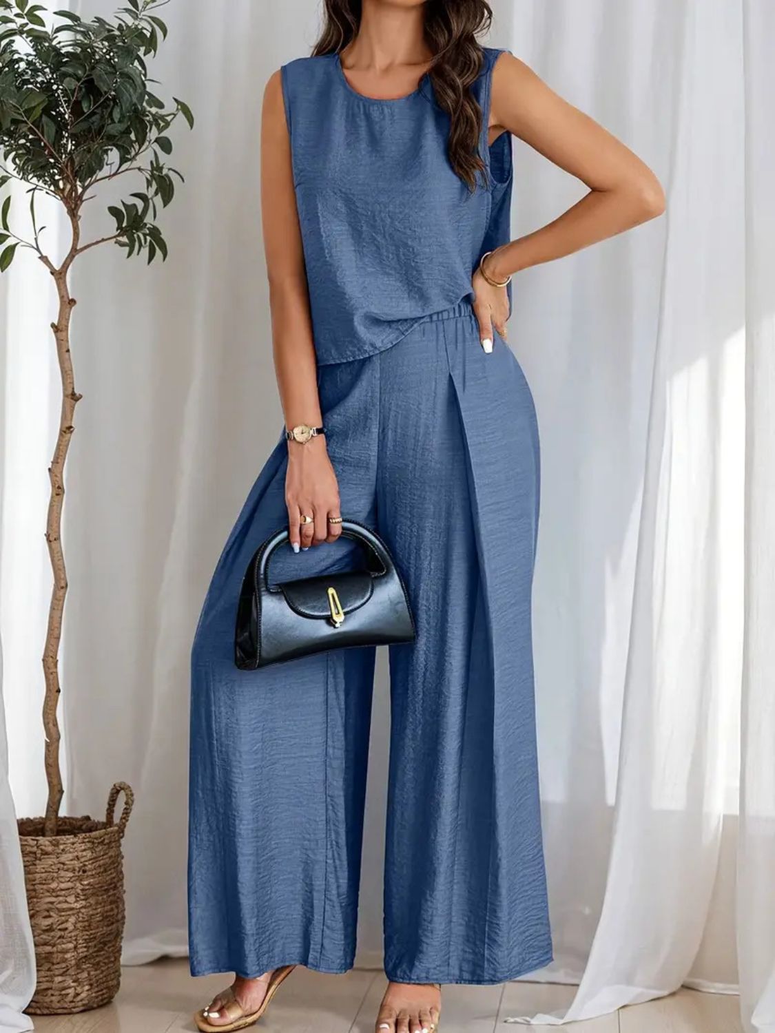 Round Neck Sleeveless Top and Wide Leg Pants Set - ViarousViarousViarous