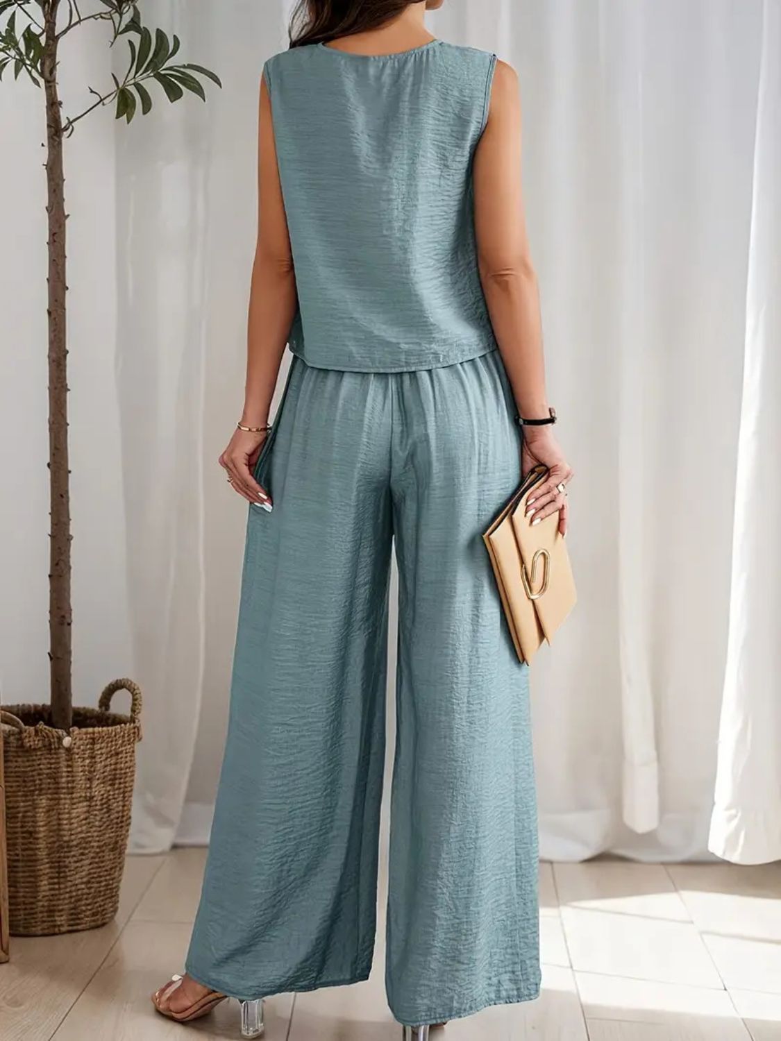Round Neck Sleeveless Top and Wide Leg Pants Set - ViarousViarousViarous