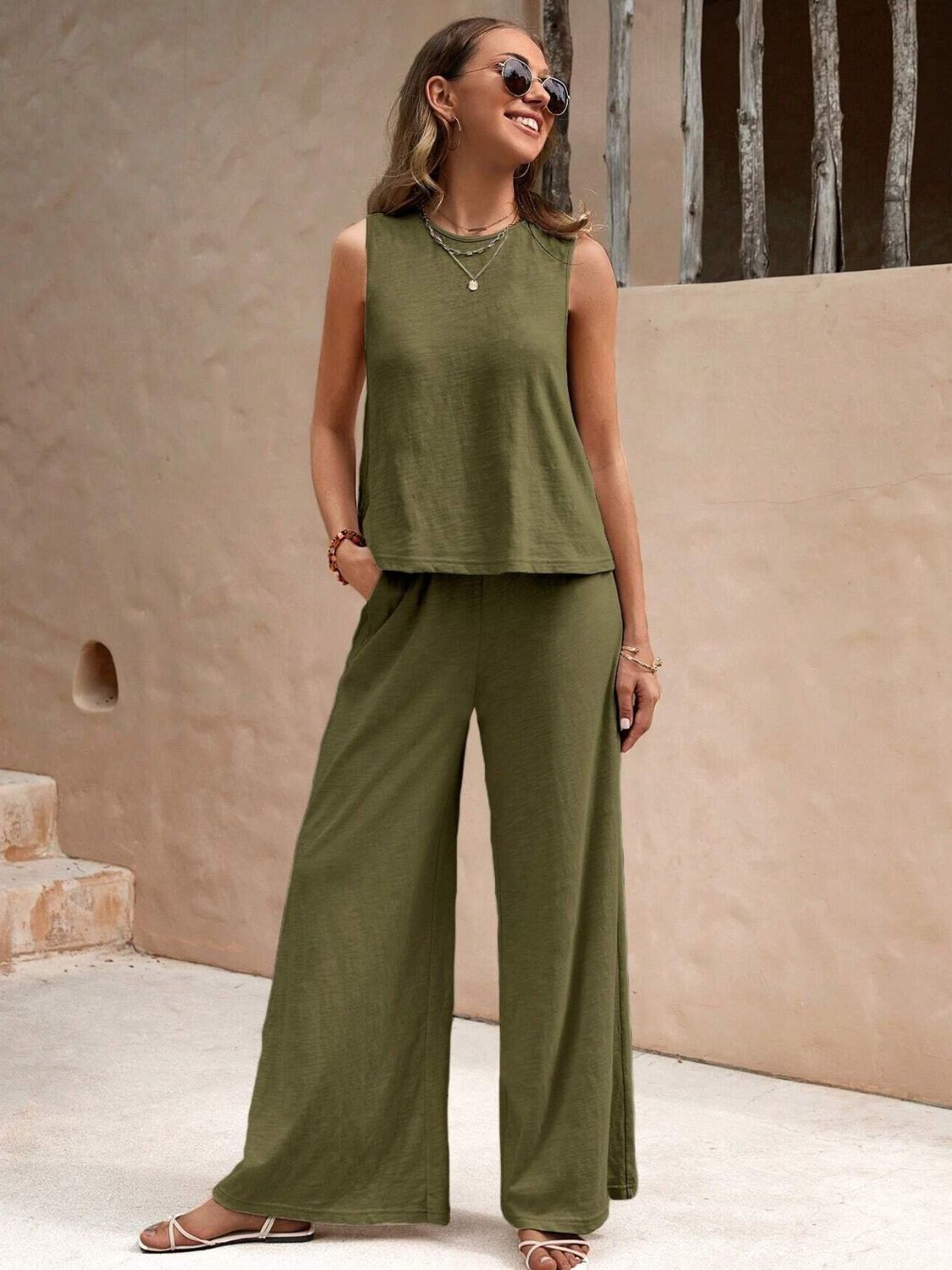 Round Neck Sleeveless Top and Wide Leg Pants Set - ViarousViarousViarous