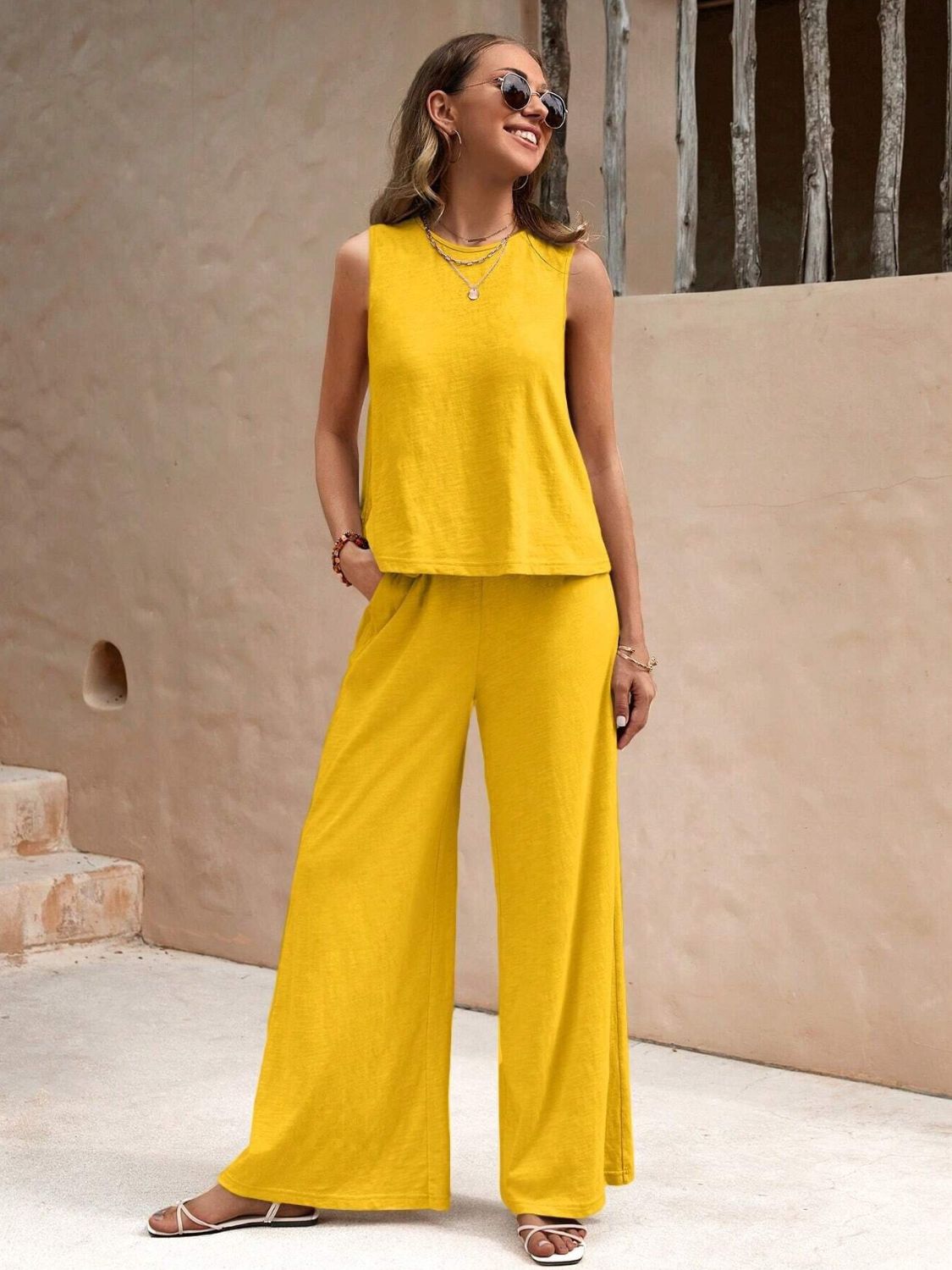 Round Neck Sleeveless Top and Wide Leg Pants Set - ViarousViarousViarous