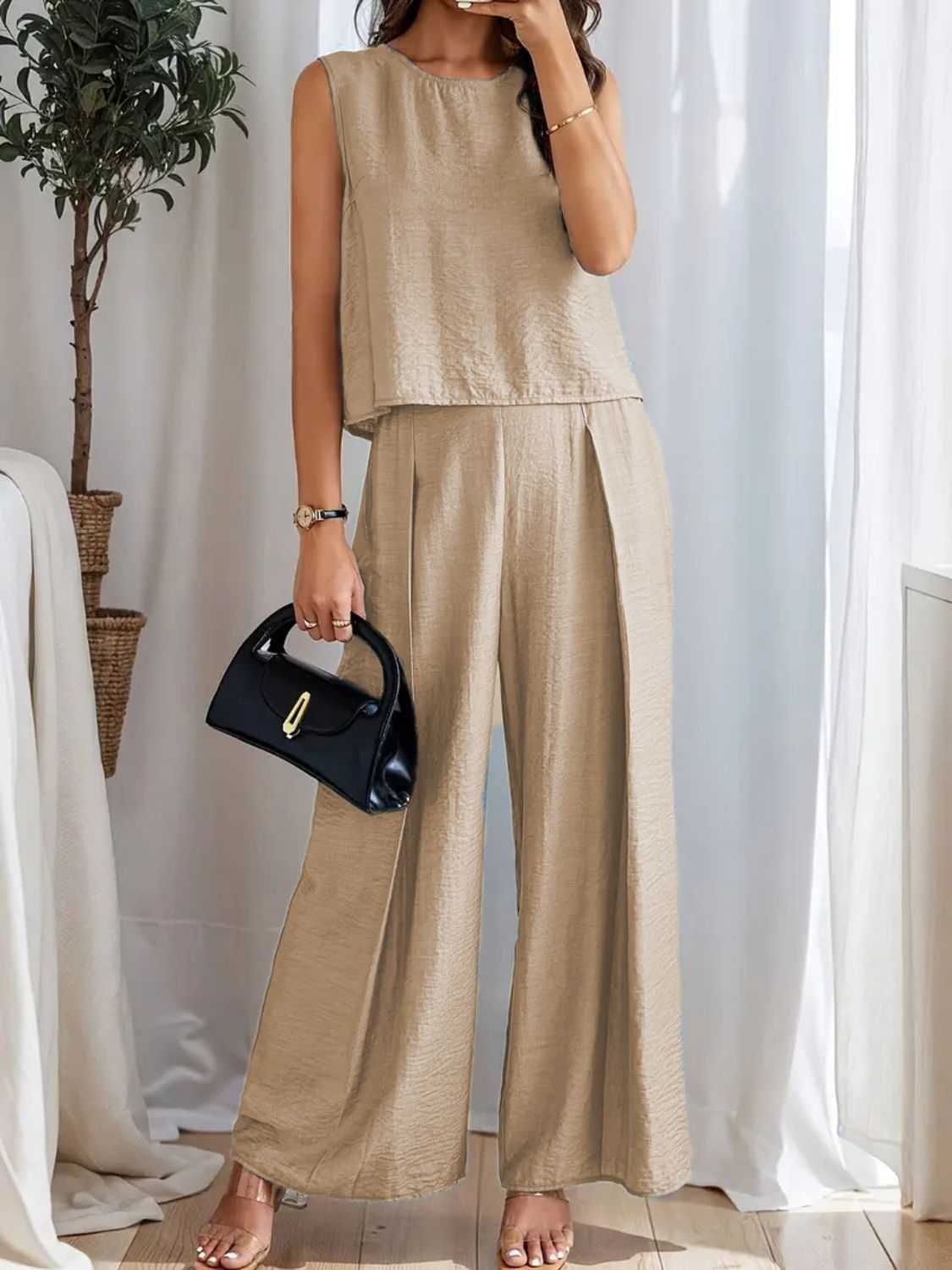 Round Neck Sleeveless Top and Wide Leg Pants Set - ViarousViarousViarous