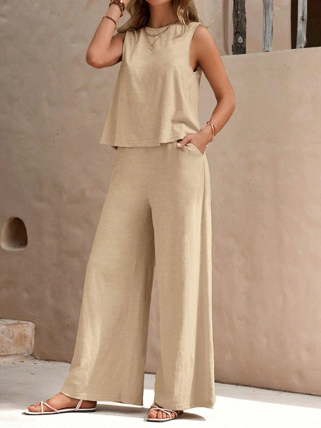 Round Neck Sleeveless Top and Wide Leg Pants Set - ViarousViarousViarous