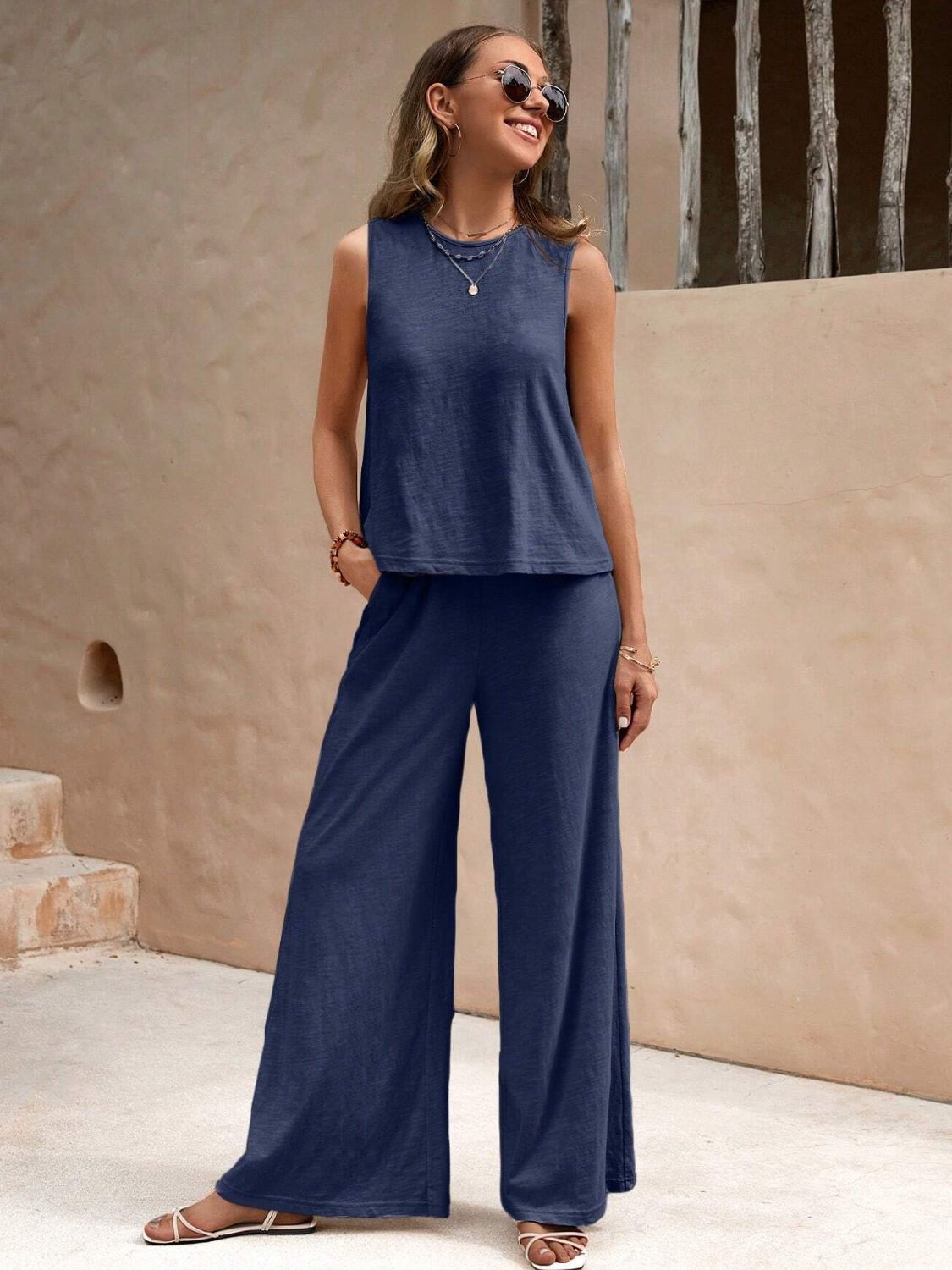 Round Neck Sleeveless Top and Wide Leg Pants Set - ViarousViarousViarous