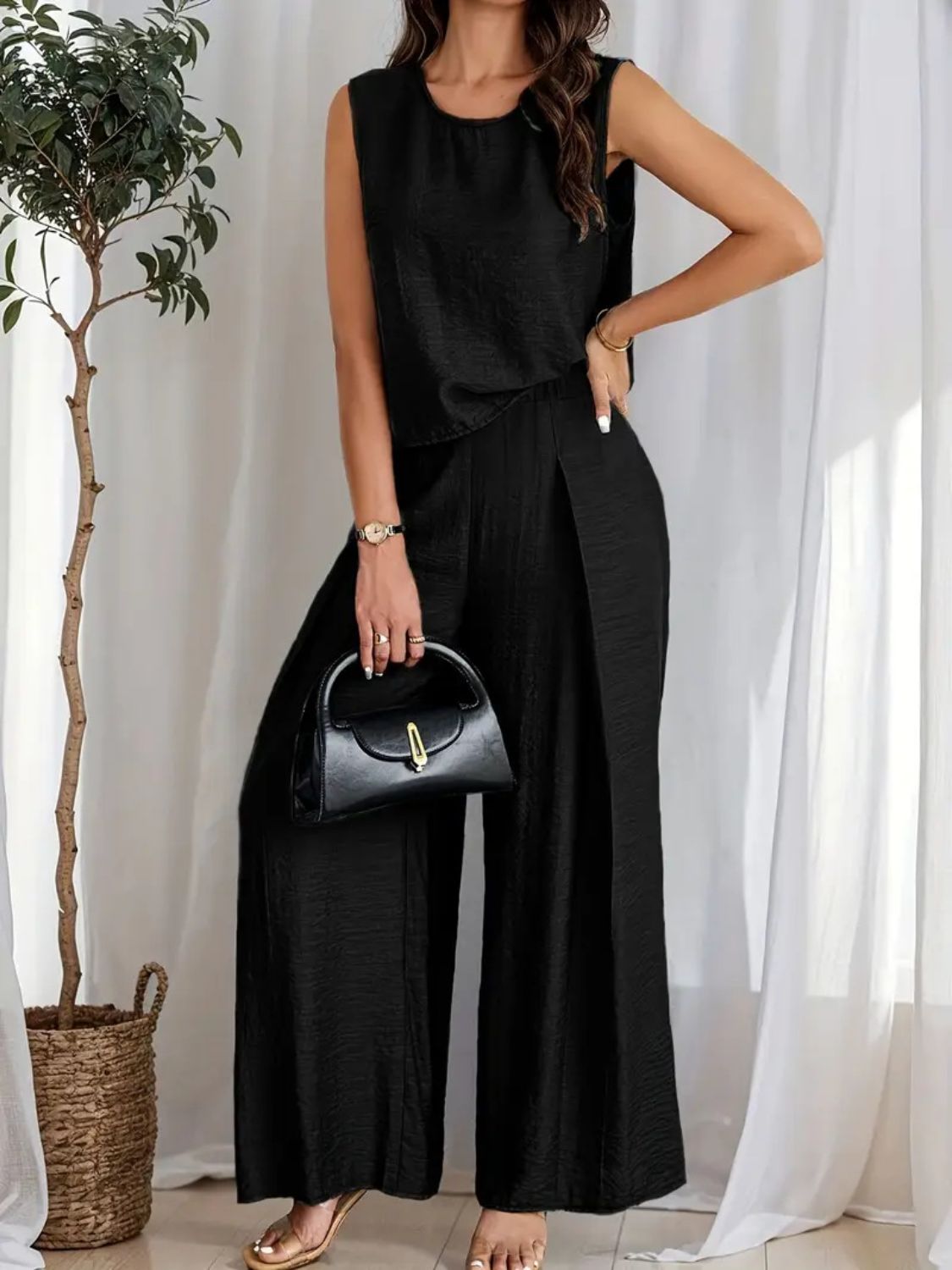 Round Neck Sleeveless Top and Wide Leg Pants Set - ViarousViarousViarous