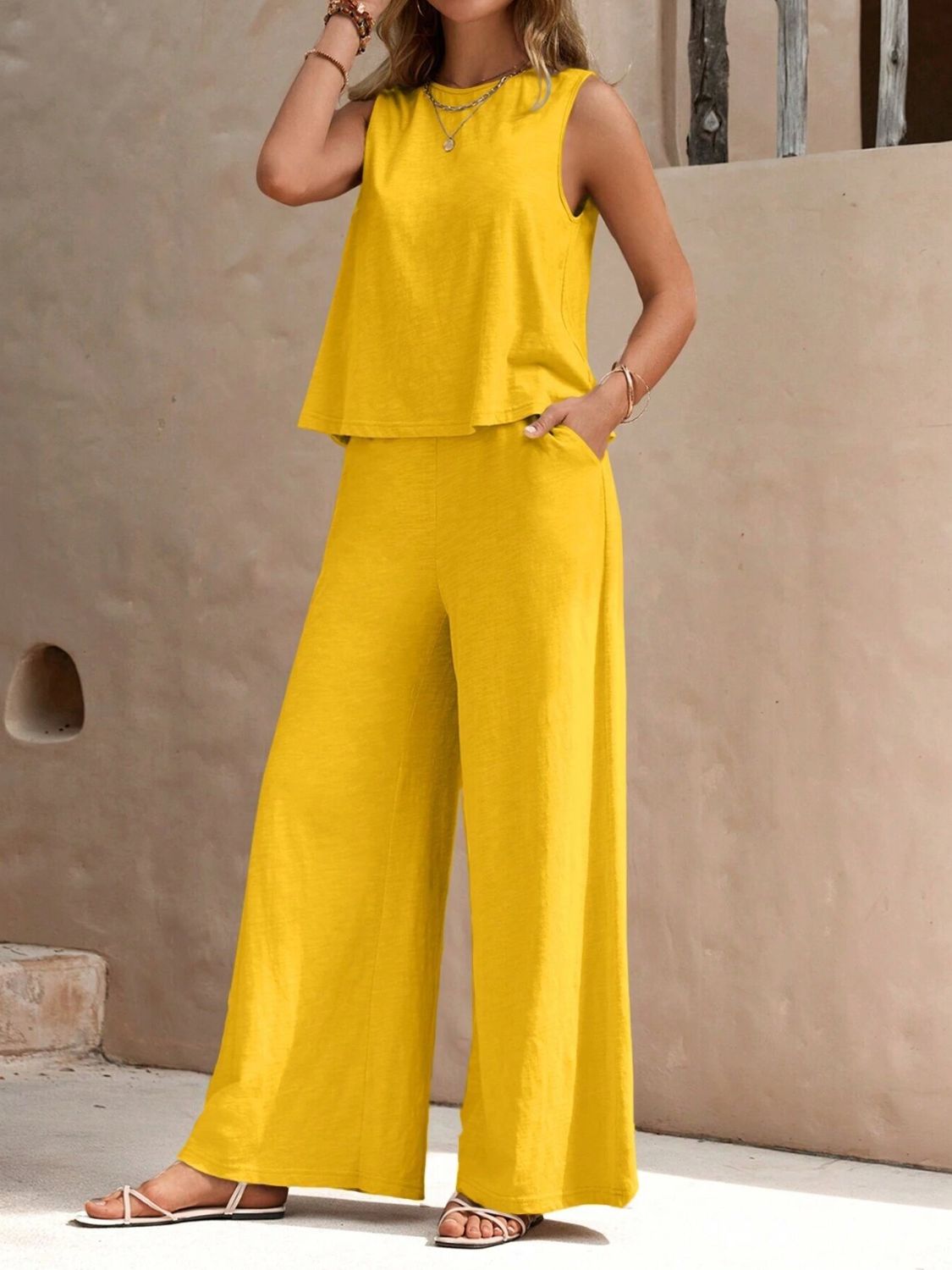 Round Neck Sleeveless Top and Wide Leg Pants Set - ViarousViarousViarous