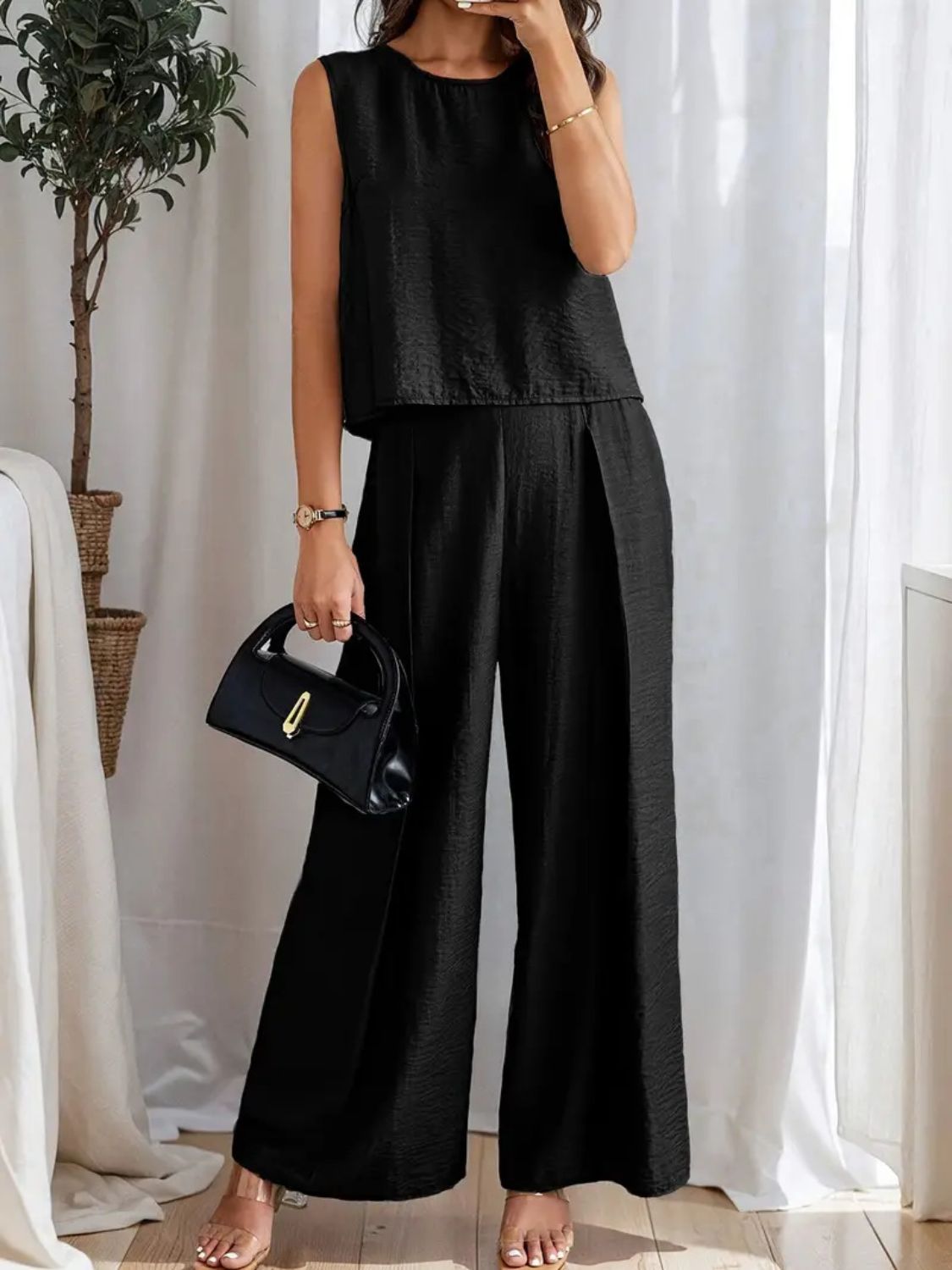 Round Neck Sleeveless Top and Wide Leg Pants Set - ViarousViarousViarous