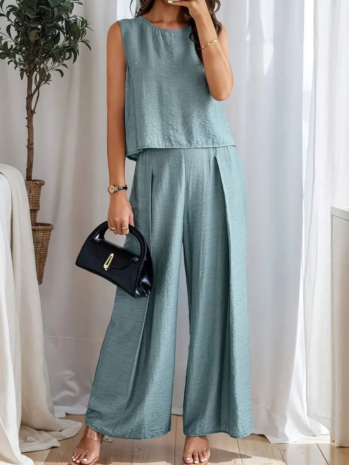 Round Neck Sleeveless Top and Wide Leg Pants Set - ViarousViarousViarous