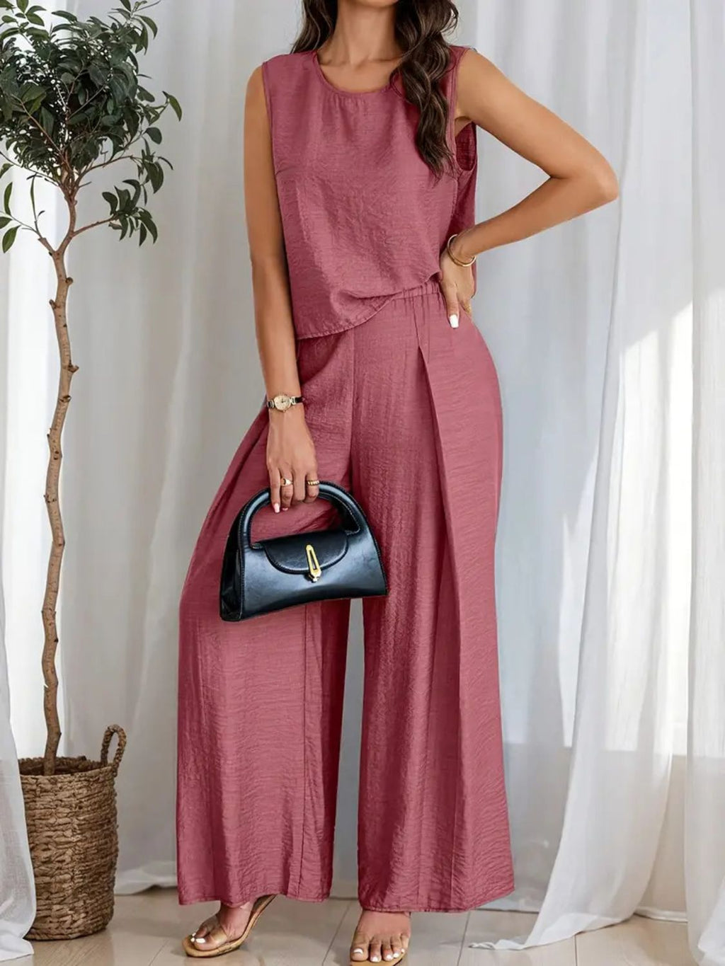 Round Neck Sleeveless Top and Wide Leg Pants Set - ViarousViarousViarous