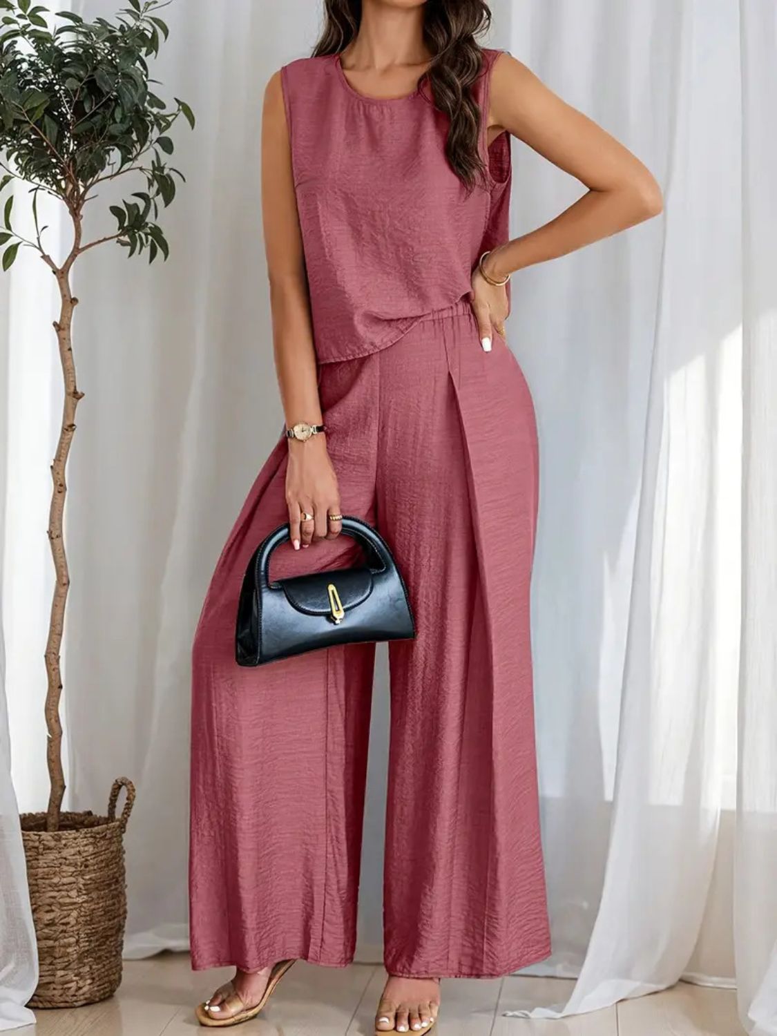 Round Neck Sleeveless Top and Wide Leg Pants Set - ViarousViarousViarous