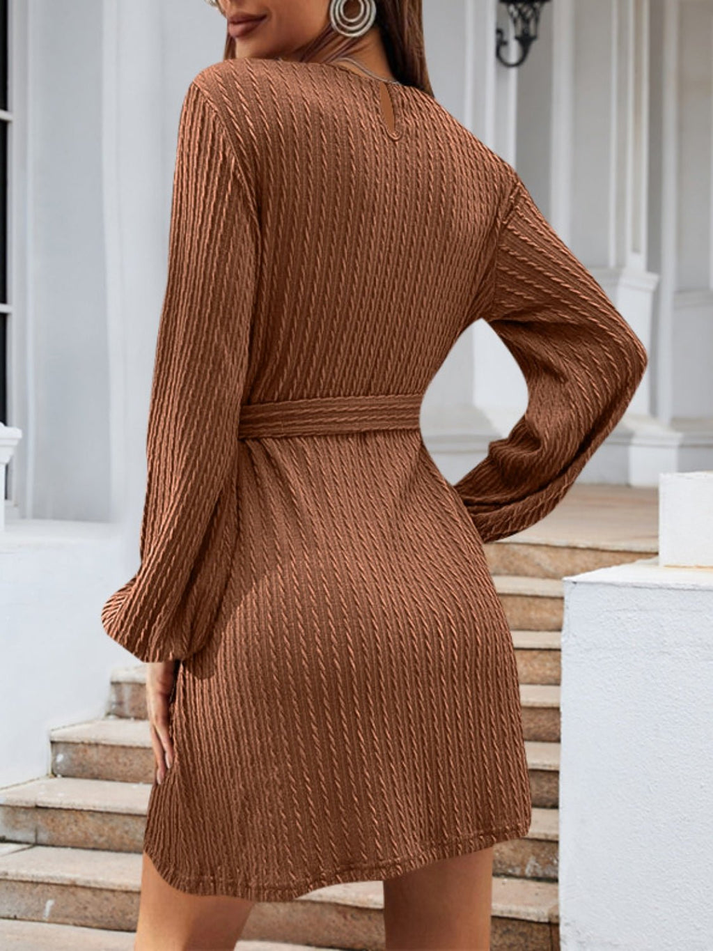 Round Neck Tie Front Long Sleeve Dress - ViarousViarousViarous