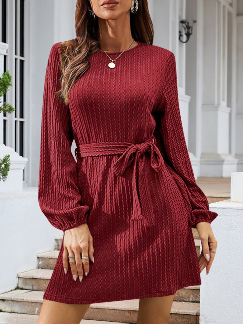 Round Neck Tie Front Long Sleeve Dress - ViarousViarousViarous