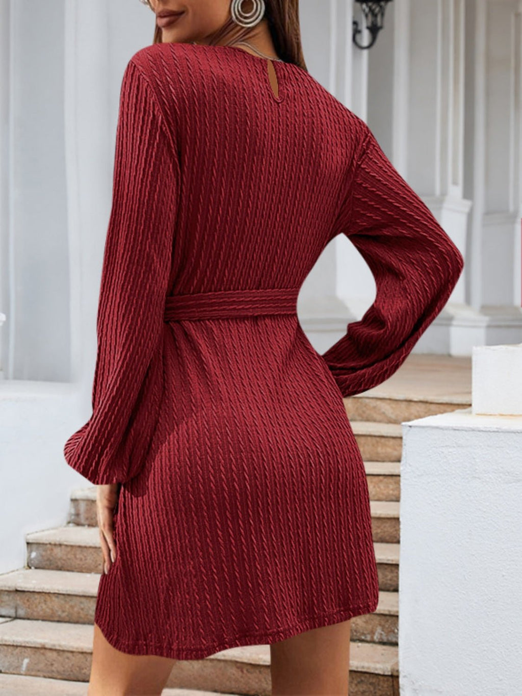 Round Neck Tie Front Long Sleeve Dress - ViarousViarousViarous