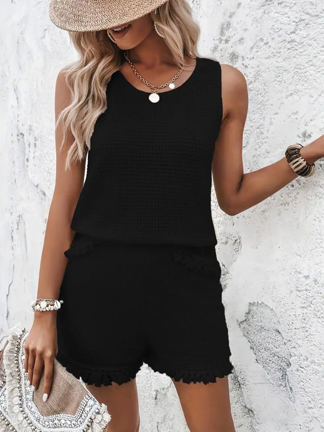 Round Neck Wide Strap Tank and Shorts Set - ViarousViarousViarous