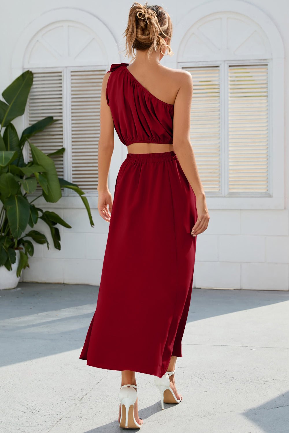 Ruched One Shoulder Top and Slit Skirt Set - ViarousViarousViarous