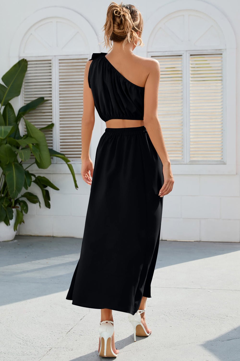 Ruched One Shoulder Top and Slit Skirt Set - ViarousViarousViarous