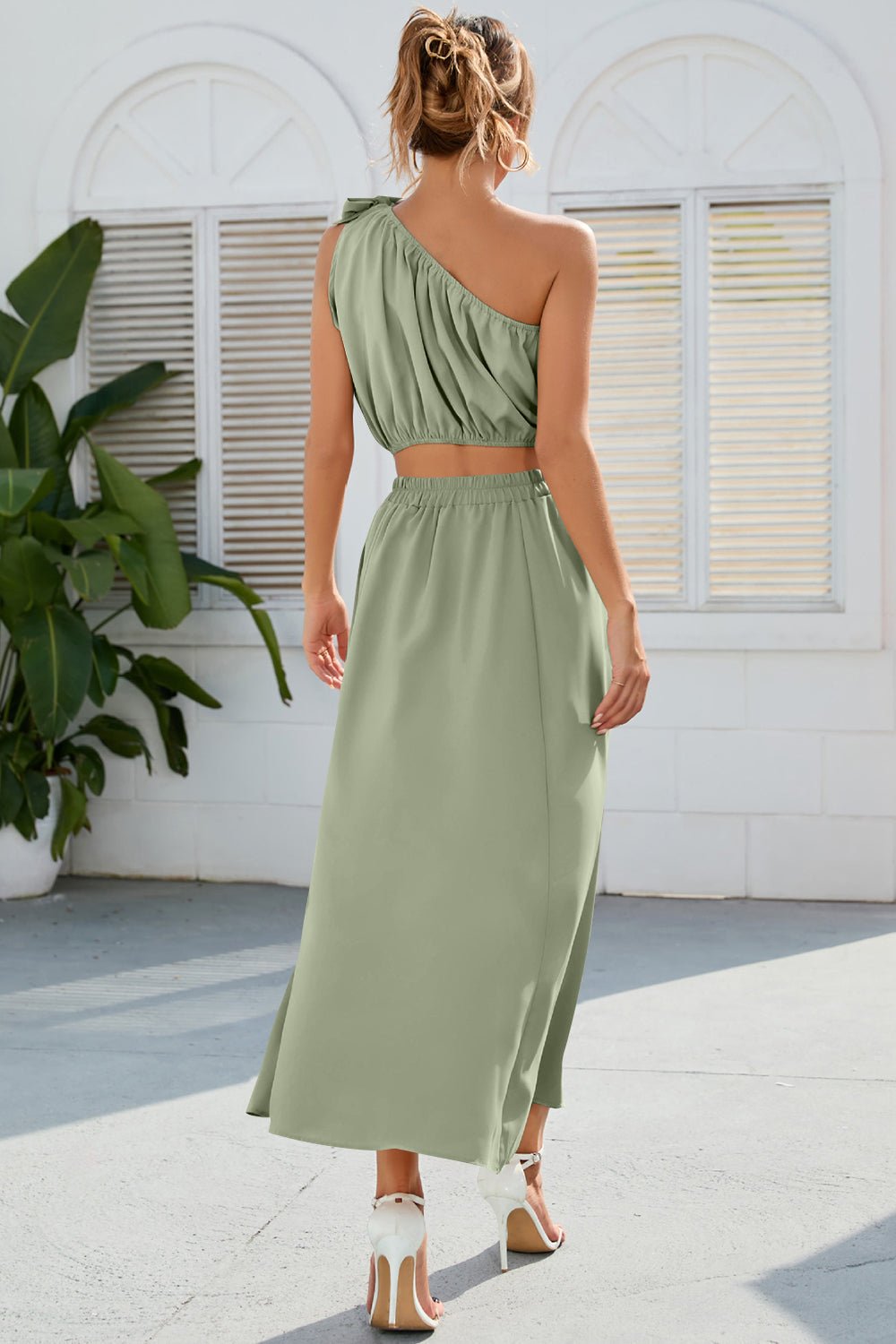 Ruched One Shoulder Top and Slit Skirt Set - ViarousViarousViarous