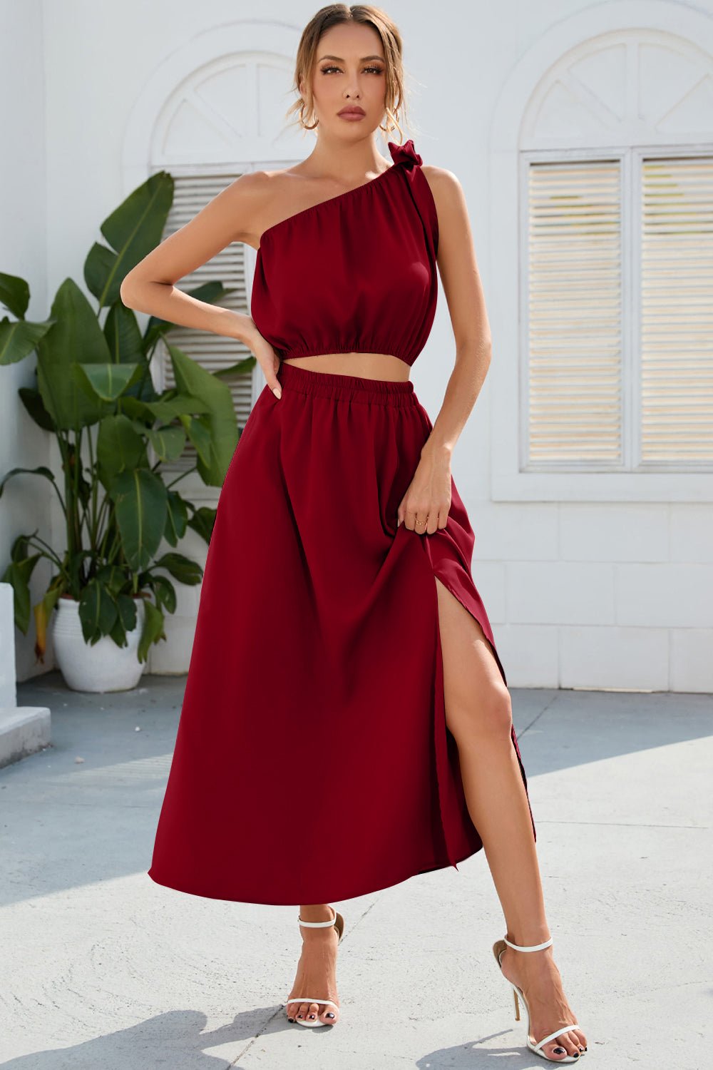 Ruched One Shoulder Top and Slit Skirt Set - ViarousViarousViarous