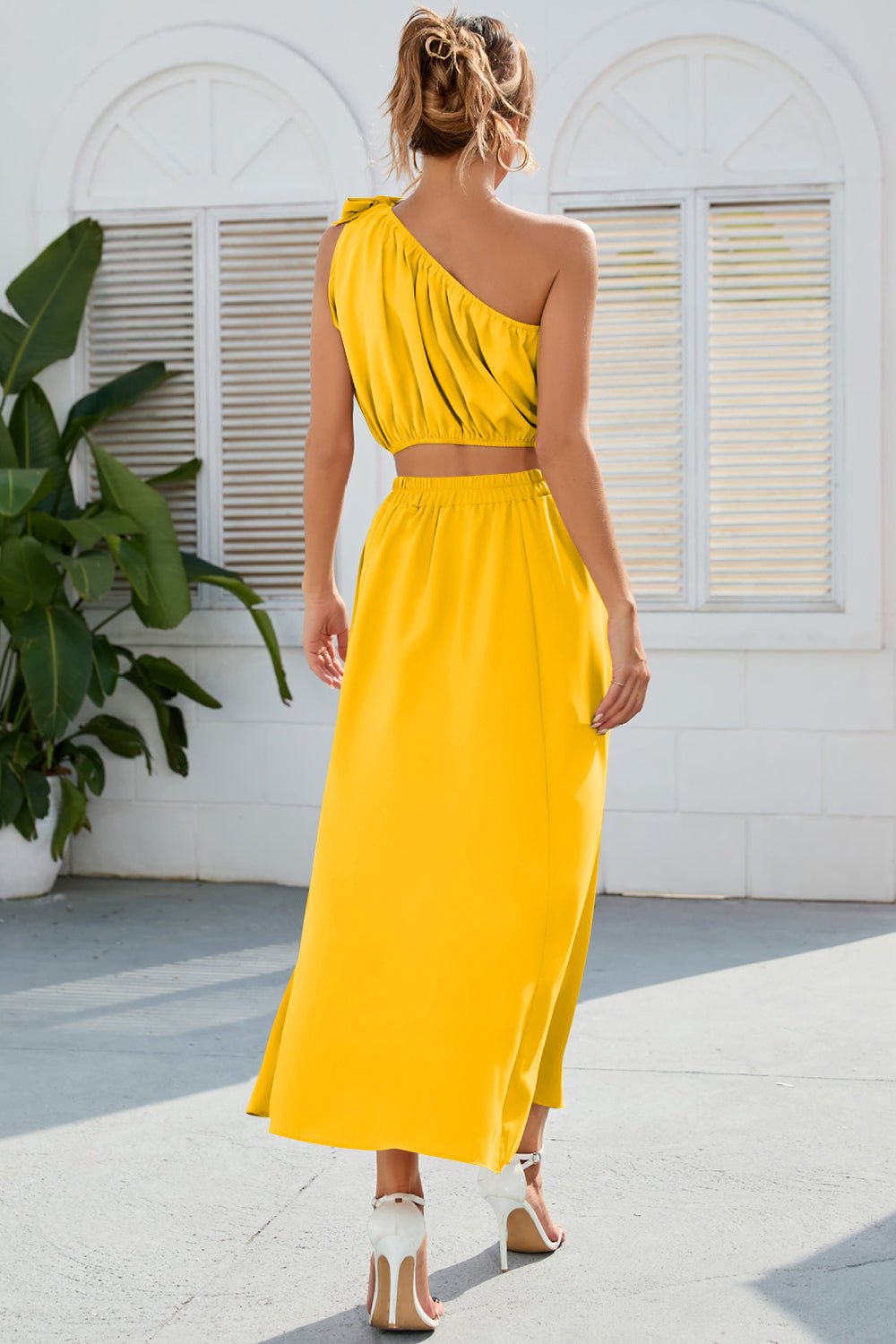 Ruched One Shoulder Top and Slit Skirt Set - ViarousViarousViarous