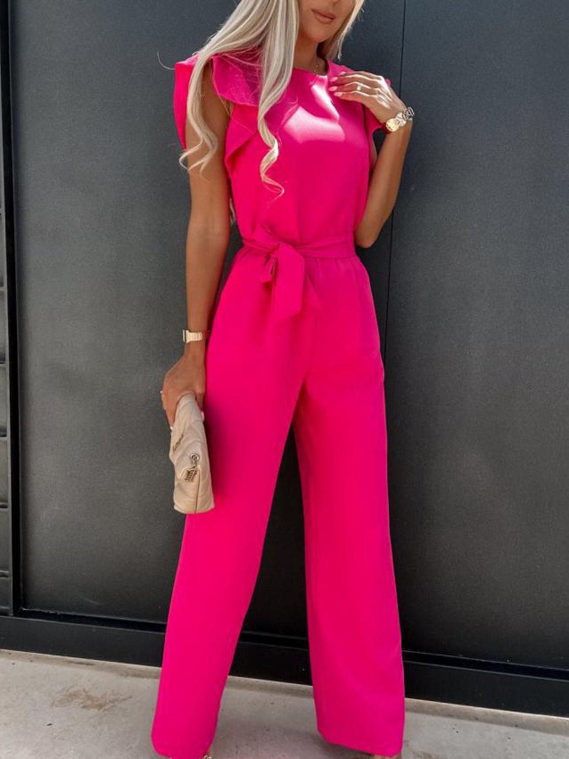 Ruffled Round Neck Cap Sleeve Jumpsuit - ViarousViarousViarous