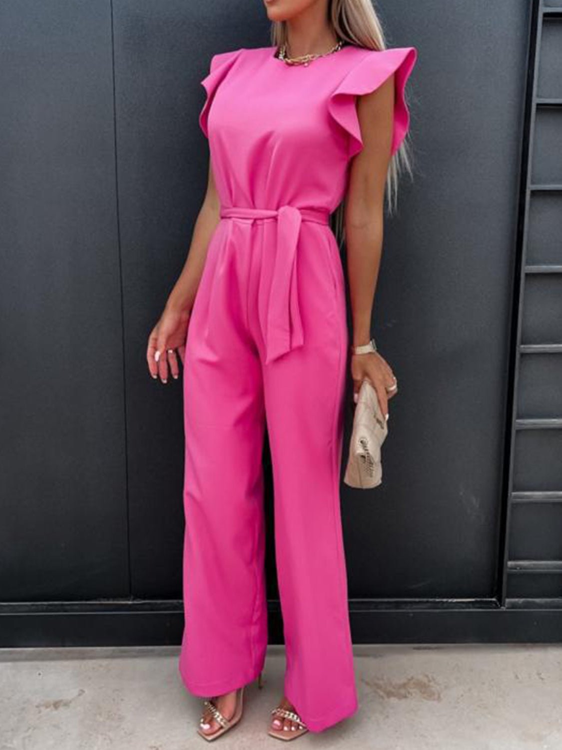 Ruffled Round Neck Cap Sleeve Jumpsuit - ViarousViarousViarous