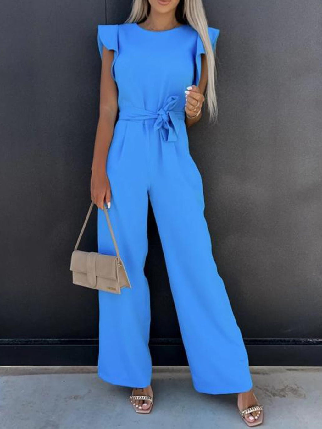 Ruffled Round Neck Cap Sleeve Jumpsuit - ViarousViarousViarous