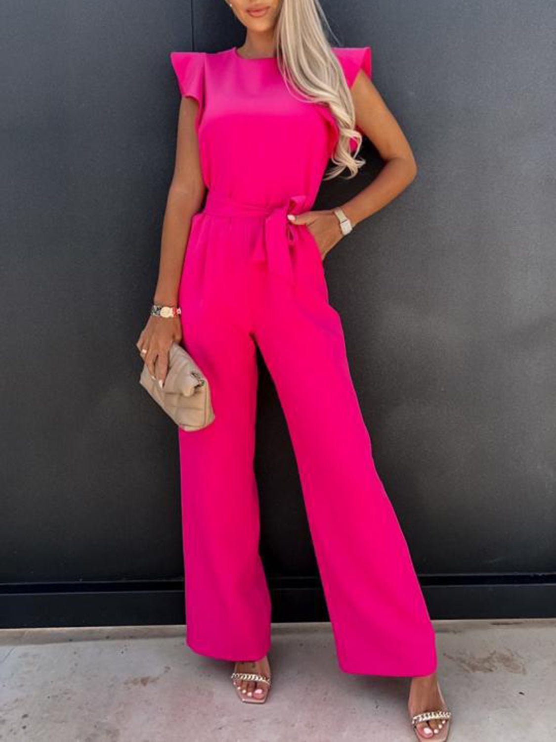 Ruffled Round Neck Cap Sleeve Jumpsuit - ViarousViarousViarous