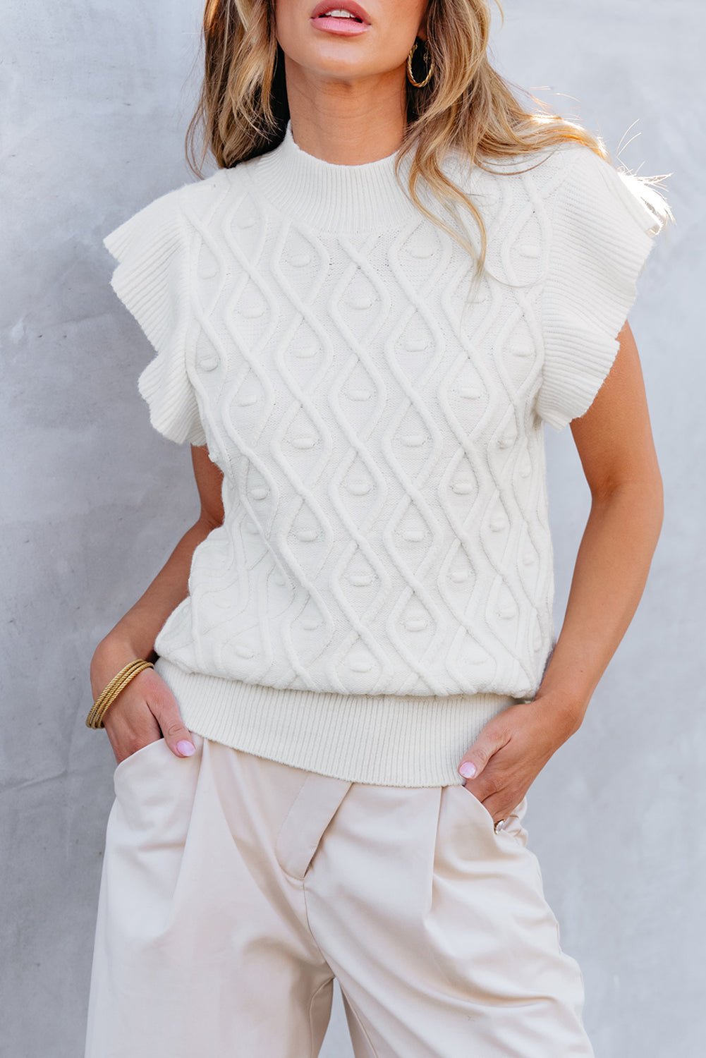 Ruffled Round Neck Cap Sleeve Knit Top - ViarousViarousViarous