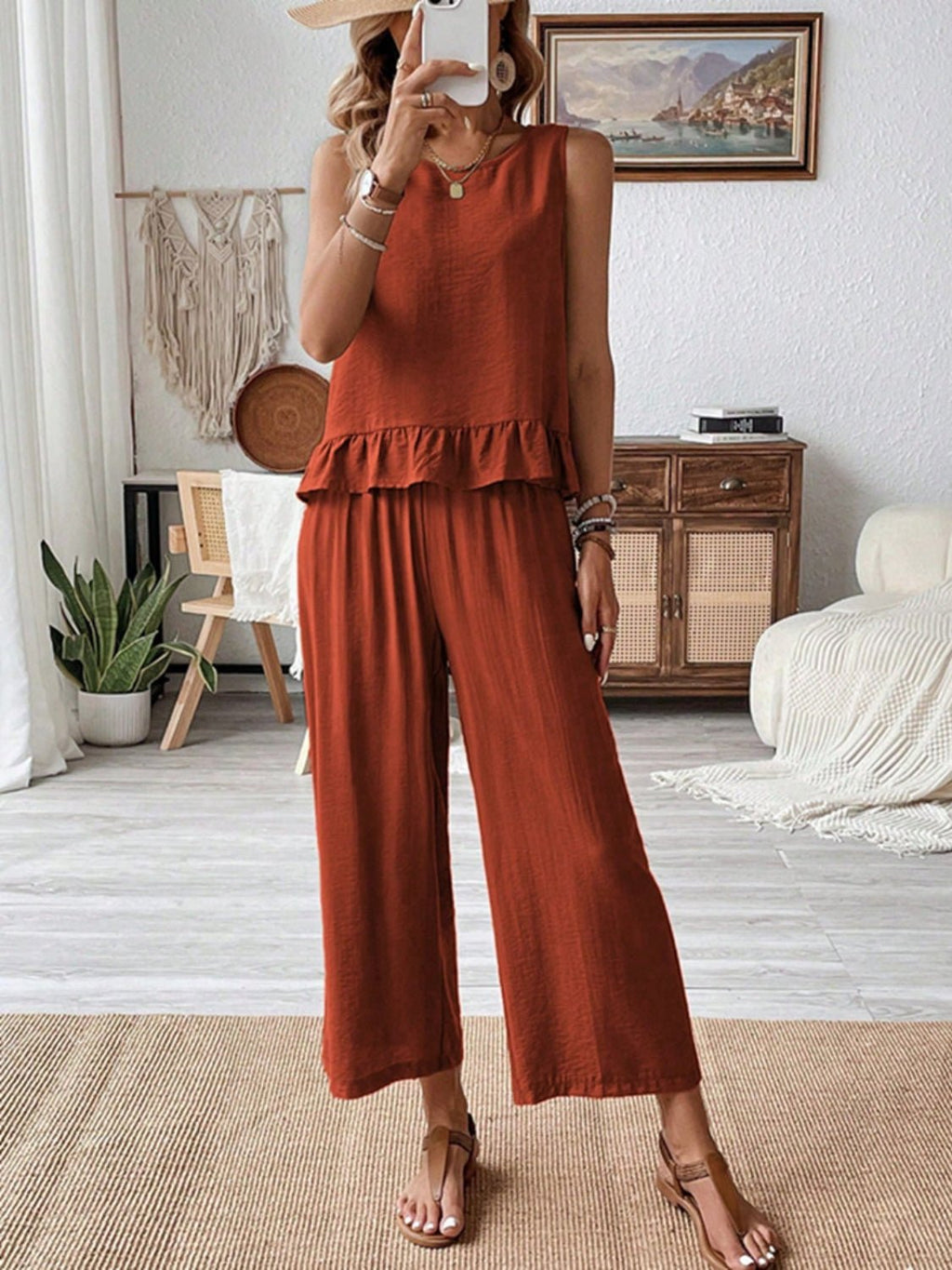 Ruffled Round Neck Top and Wide Leg Pants Set - ViarousViarousViarous