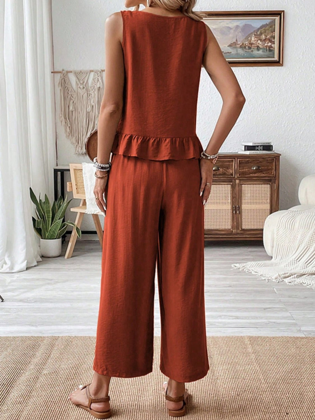 Ruffled Round Neck Top and Wide Leg Pants Set - ViarousViarousViarous