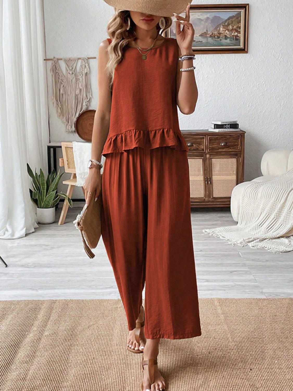 Ruffled Round Neck Top and Wide Leg Pants Set - ViarousViarousViarous