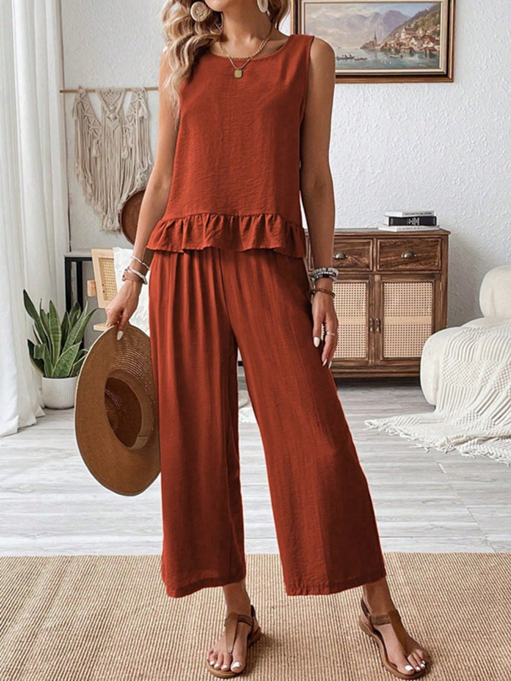 Ruffled Round Neck Top and Wide Leg Pants Set - ViarousViarousViarous