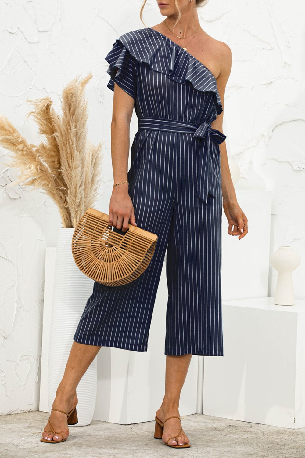 Ruffled Single Shoulder Tie Waist Jumpsuit - ViarousViarousViarous