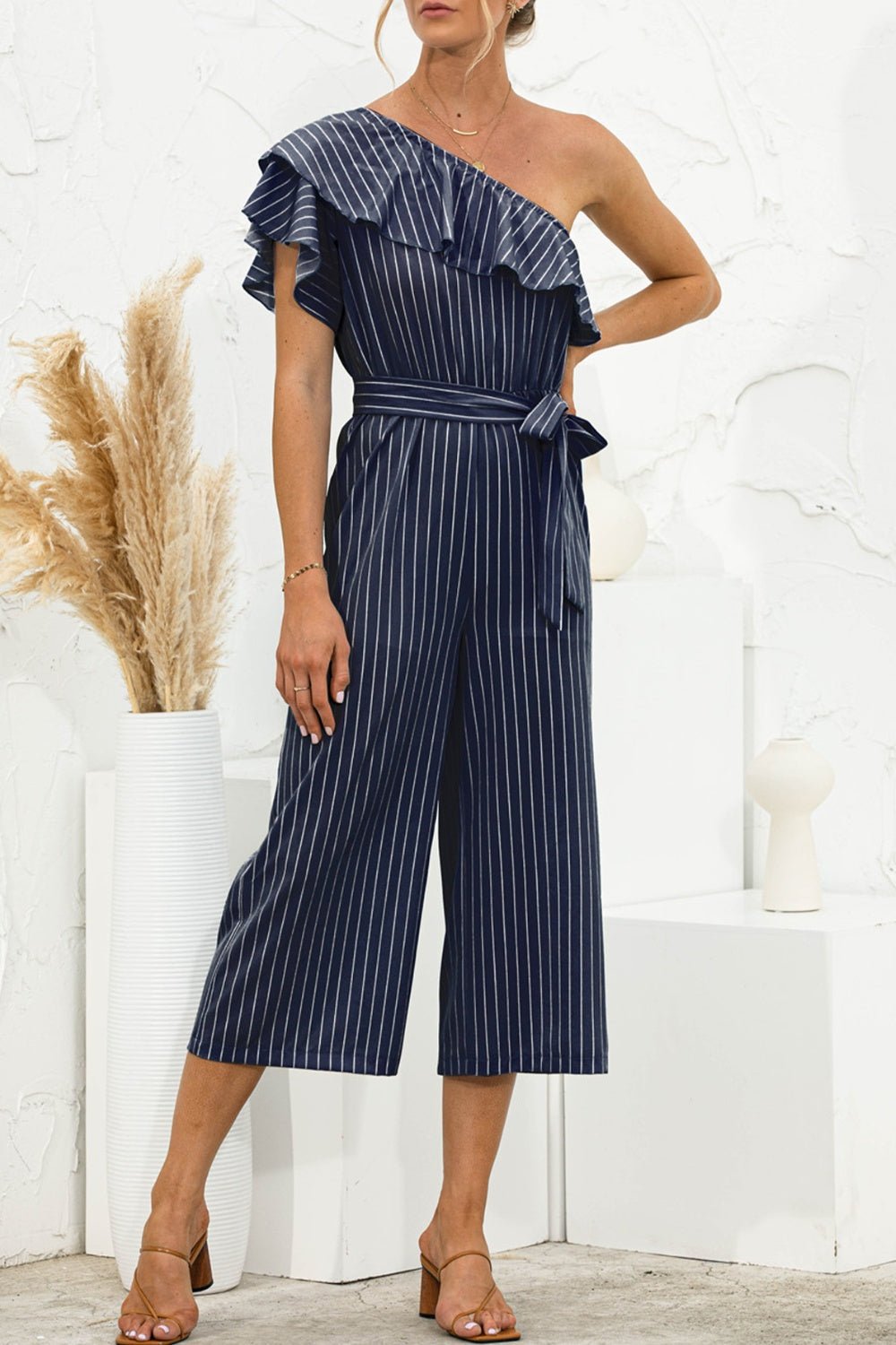 Ruffled Single Shoulder Tie Waist Jumpsuit - ViarousViarousViarous