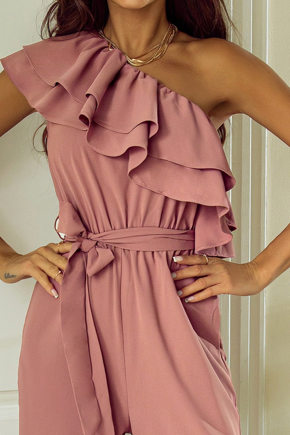 Ruffled Tied One - Shoulder Jumpsuit - ViarousViarousViarous