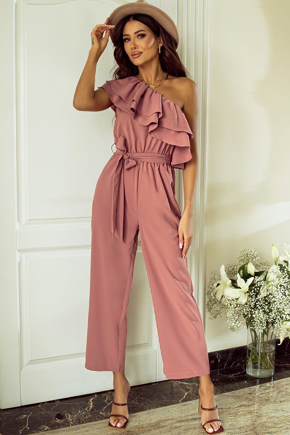 Ruffled Tied One - Shoulder Jumpsuit - ViarousViarousViarous