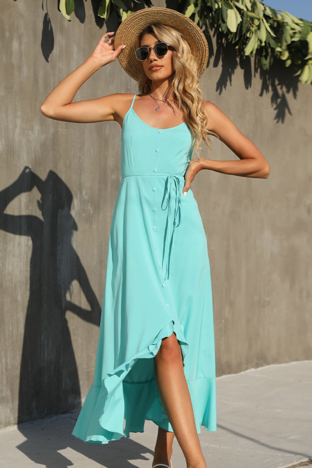 Shiny Decorative Button Spaghetti Strap Ruffle Hem Dress - ViarousViarousViarous