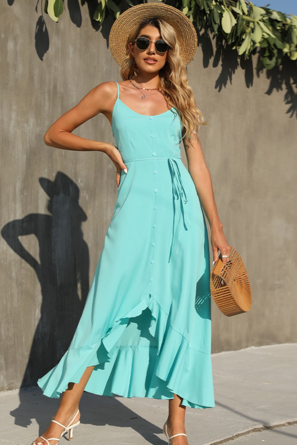 Shiny Decorative Button Spaghetti Strap Ruffle Hem Dress - ViarousViarousViarous