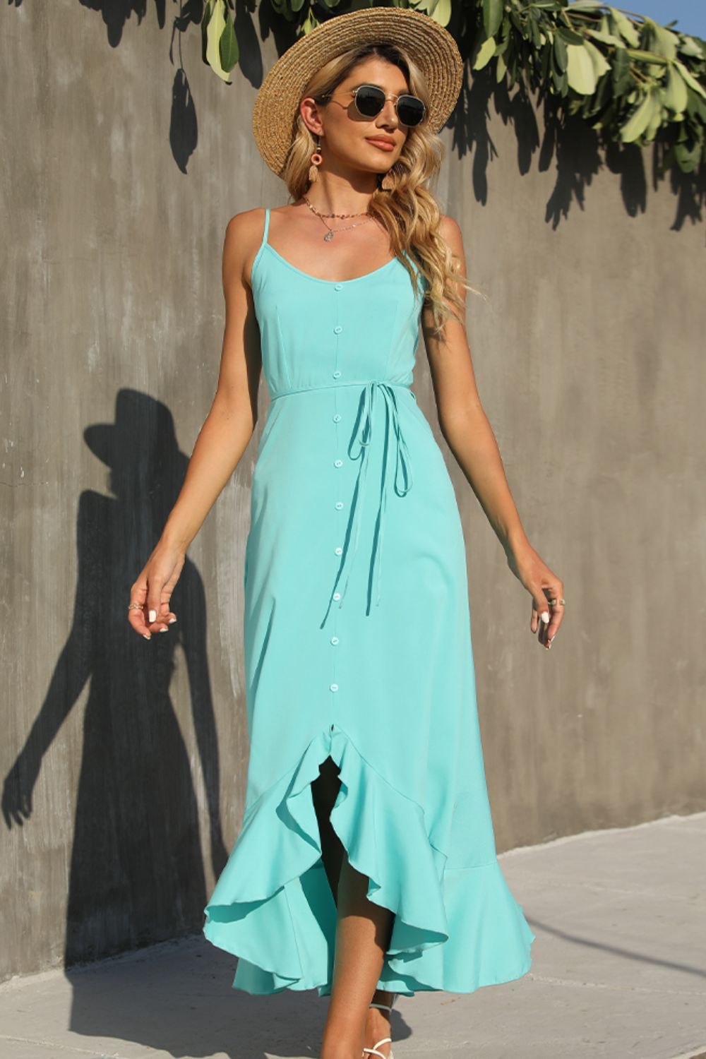 Shiny Decorative Button Spaghetti Strap Ruffle Hem Dress - ViarousViarousViarous