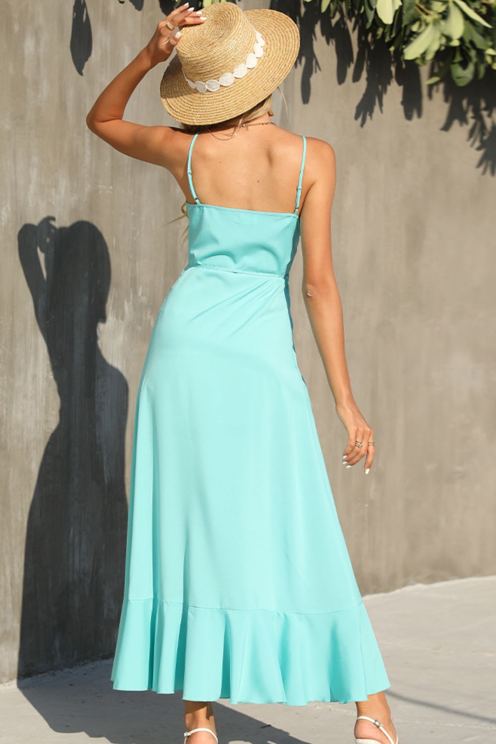 Shiny Decorative Button Spaghetti Strap Ruffle Hem Dress - ViarousViarousViarous