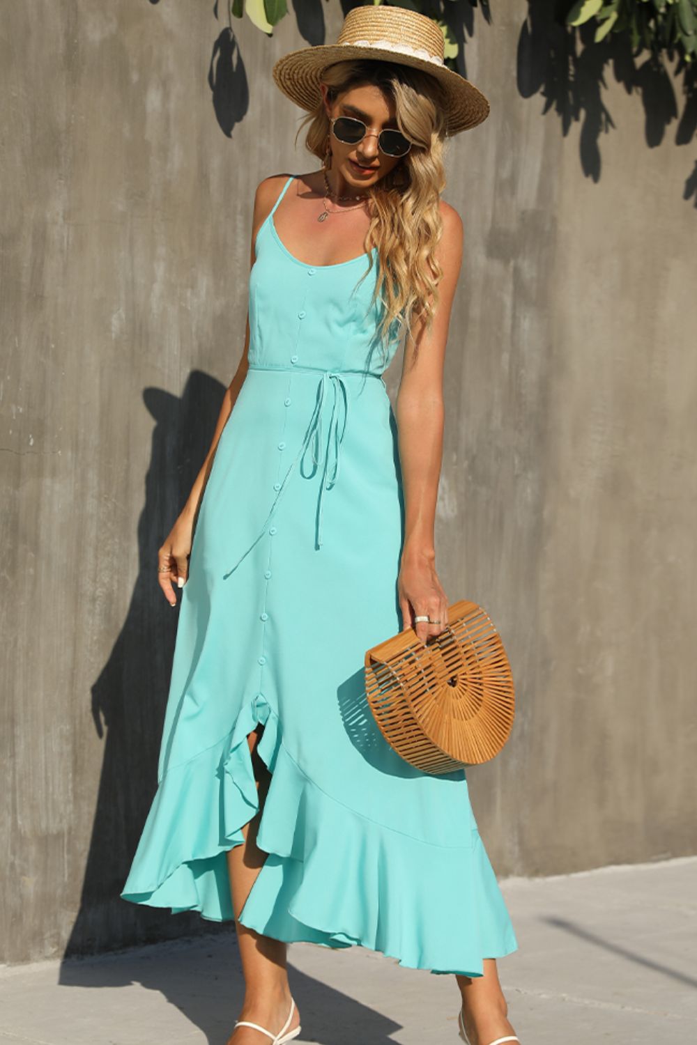 Shiny Decorative Button Spaghetti Strap Ruffle Hem Dress - ViarousViarousViarous