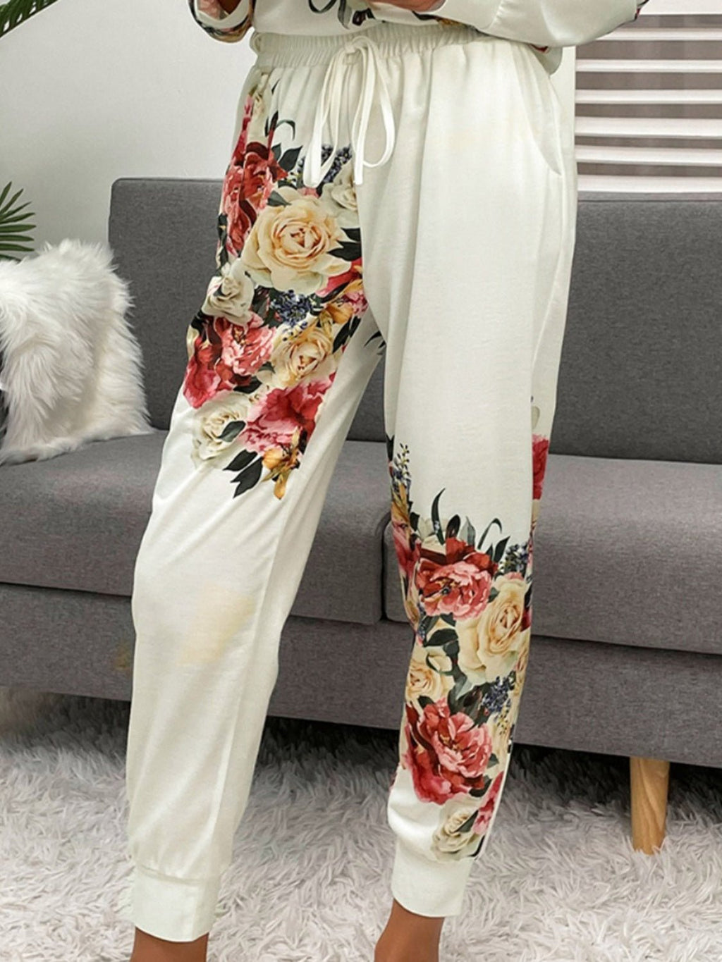 Shiny Printed Round Neck Top and Pants Lounge Set - ViarousViarousViarous