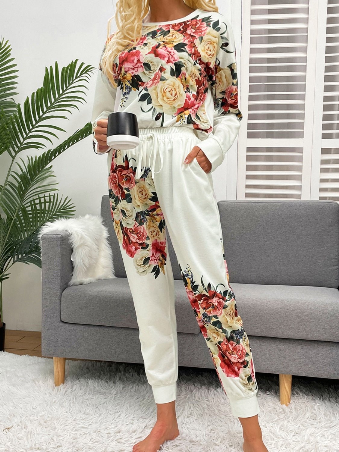 Shiny Printed Round Neck Top and Pants Lounge Set - ViarousViarousViarous