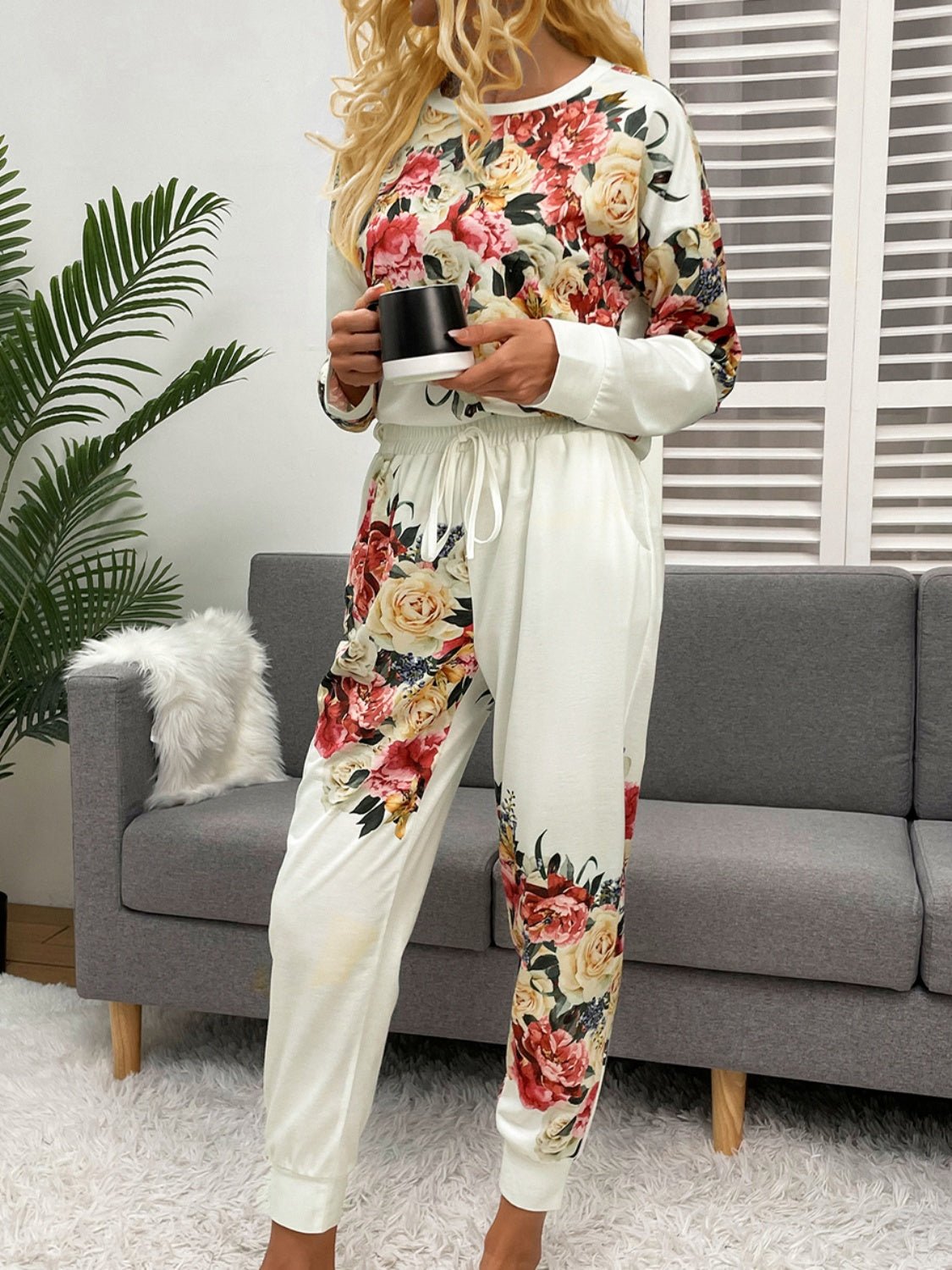Shiny Printed Round Neck Top and Pants Lounge Set - ViarousViarousViarous
