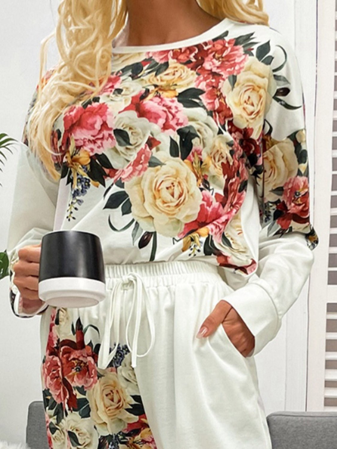 Shiny Printed Round Neck Top and Pants Lounge Set - ViarousViarousViarous