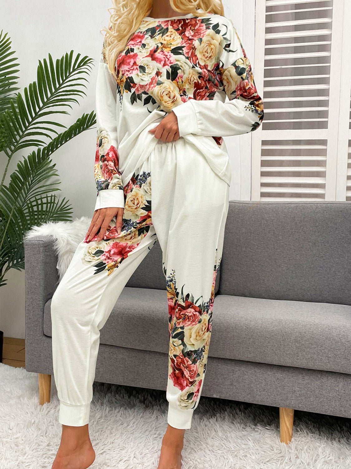 Shiny Printed Round Neck Top and Pants Lounge Set - ViarousViarousViarous