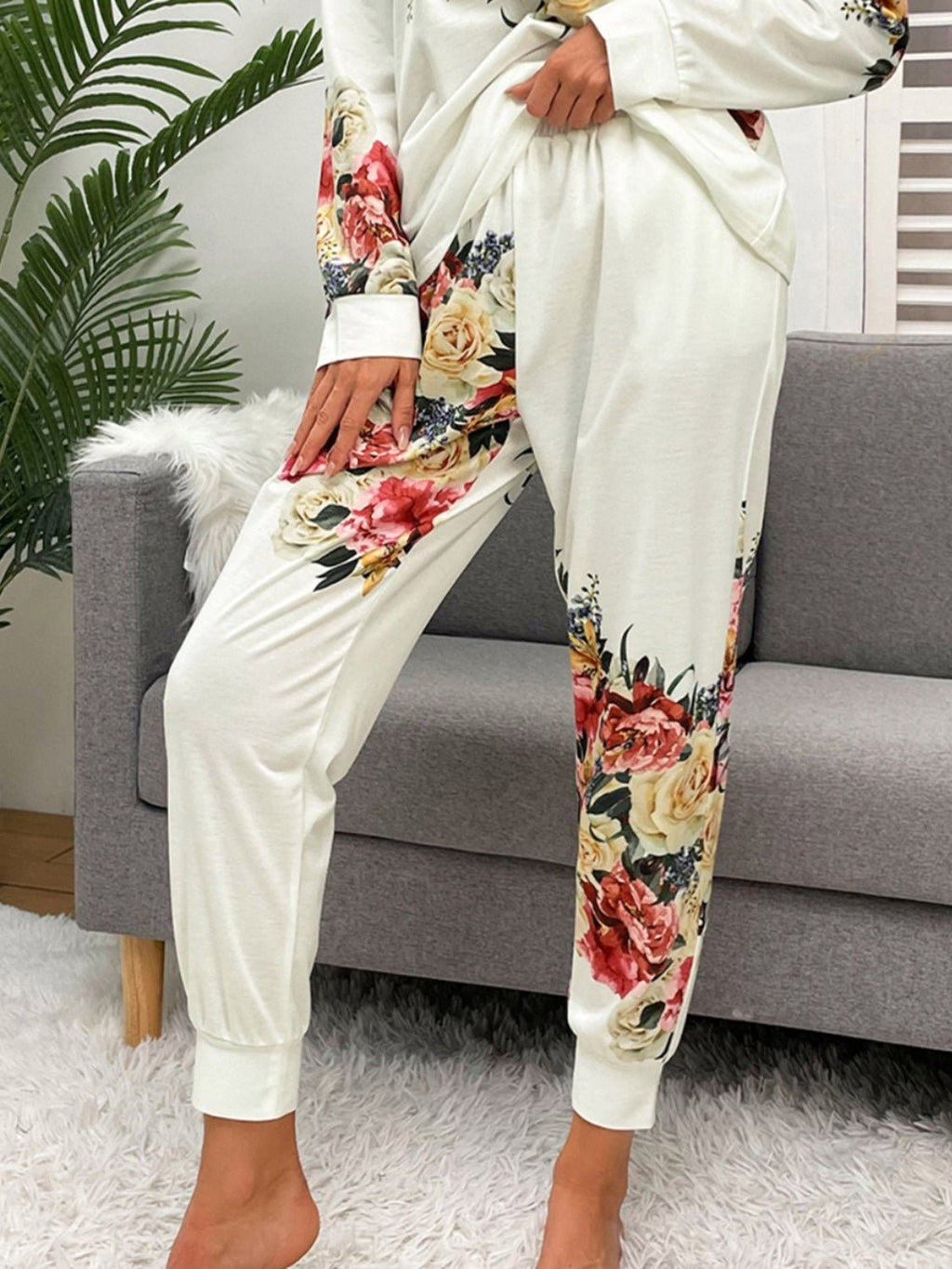 Shiny Printed Round Neck Top and Pants Lounge Set - ViarousViarousViarous