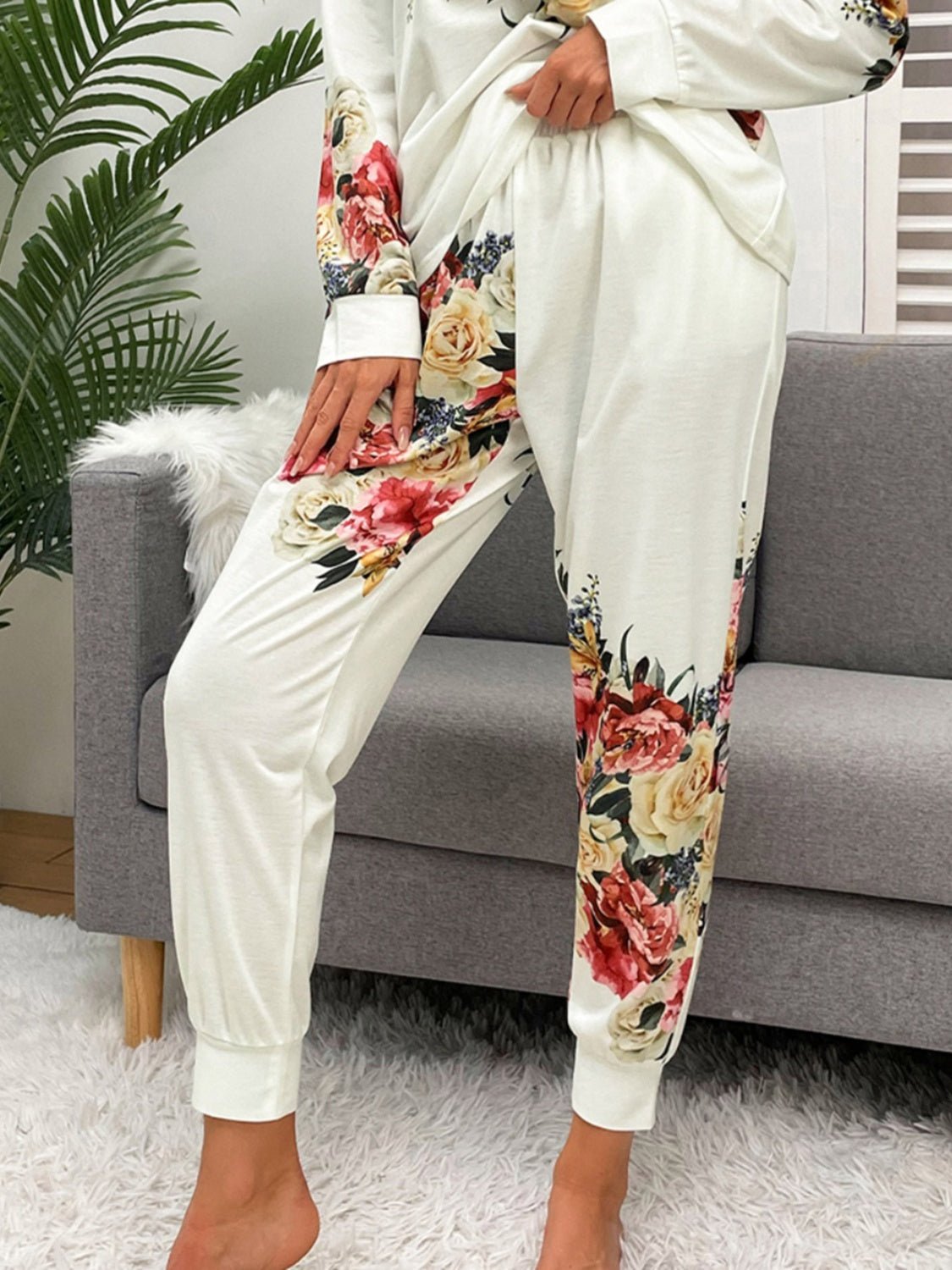 Shiny Printed Round Neck Top and Pants Lounge Set - ViarousViarousViarous